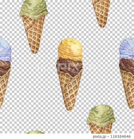 Colorful ice cream seamless pattern. Bubblegum, chocolate, banana, lemon, pistachio or matcha flavors in retro style. Watercolor clipart for printing, textile, apparel, wrapping paper, scrapbooking Colorful ice cream seamless pattern. Bubblegum, chocolate, banana, lemon, pistachio or matcha flavors in retro style. Watercolor clipart for printing, textile, apparel, wrapping paper, scrapbooking 116384646