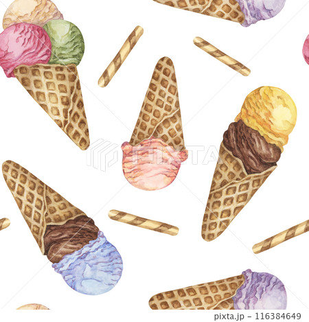 Ice cream cones and waffles watercolor seamless pattern. Whimsical pastel colored dessert clipart for textiles, wallpaper, packaging. Sweet candy theme fabric for summer decor and scrapbooking Ice cream cones and waffles watercolor seamless pattern. Whimsical pastel colored dessert clipart for textiles, wallpaper, packaging. Sweet candy theme fabric for summer decor and scrapbooking 116384649