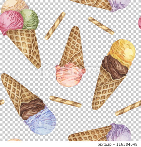 Ice cream cones and waffles watercolor seamless pattern. Whimsical pastel colored dessert clipart for textiles, wallpaper, packaging. Sweet candy theme fabric for summer decor and scrapbooking Ice cream cones and waffles watercolor seamless pattern. Whimsical pastel colored dessert clipart for textiles, wallpaper, packaging. Sweet candy theme fabric for summer decor and scrapbooking 116384649