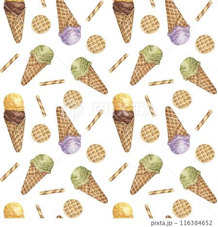 Ice cream scoops in the waffle cone seamless pattern. Lemon, chocolate, lavender, matcha flavors treat clipart Dessert watercolor print for textile, wallpaper, napkin, ice cream parlor design, covers 116384652