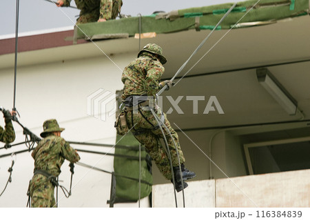 訓練展示でロープ降下する陸上自衛隊員 訓練展示でロープ降下する陸上自衛隊員 116384839