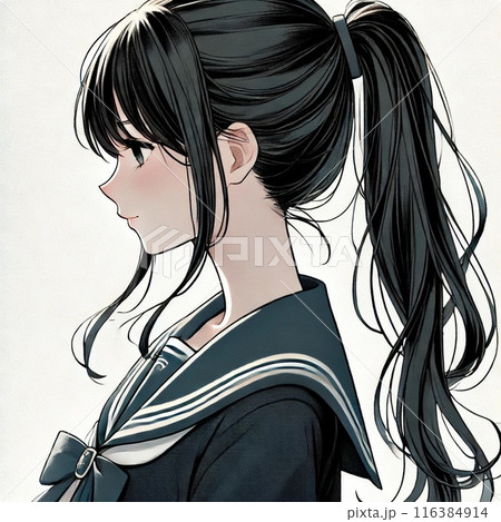 黒髪ポニーテールのセーラー服女子高校生の横顔のイラスト素材