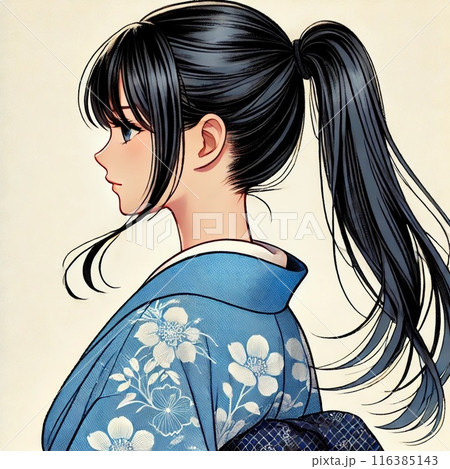 黒髪ポニーテールの和装の女子高校生の凛とした横顔のイラスト