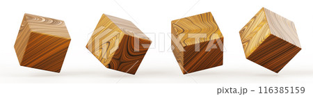 Wooden cube block in different angles 3d render icon set. Natural square boxes with wood texture, blank game dice or education cubic toy, design element isolated on white background. 3D illustration 116385159