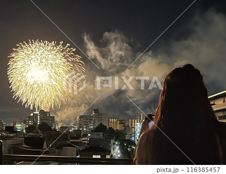 花火を見る女性の後ろ姿 116385457