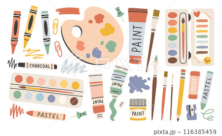 Set with painting tools elements, cartoon style. Paint tubes, brushes and stationery. Trendy modern vector isolated 116385459