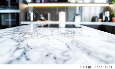 Marble kitchen empty luxury countertop black and white, soft focus. Scene showcase template for promotional items, banner. Modern kitchen design 116385974