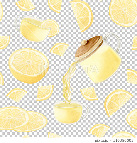 Yellow lemon tea pours from teapot into a glass cup with citrus slices watercolor seamless pattern on white. Organic drink for brewery and cafe designs in pastel colors Yellow lemon tea pours from teapot into a glass cup with citrus slices watercolor seamless pattern on white. Organic drink for brewery and cafe designs in pastel colors 116386003