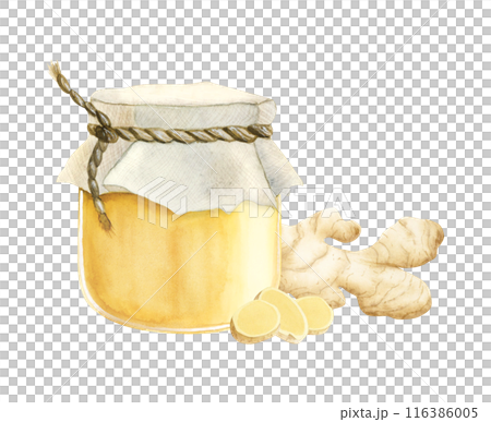 Delicious honey jar with lemon and ginger slices watercolor illustration clip art. Natural organic products Delicious honey jar with lemon and ginger slices watercolor illustration clip art. Natural organic products 116386005