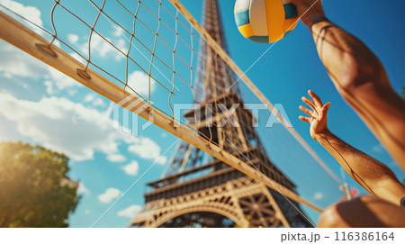 Beach volleyball competition against the background of the Eiffel Tower, Summer Olympics in Paris 2024 116386164