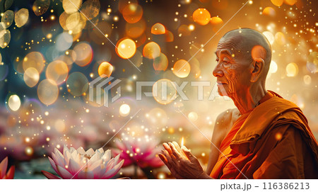 Senior monk meditates, emitting warm golden glow that symbolizes inner peace and enlightenment in a mystical spiritual atmosphere 116386213