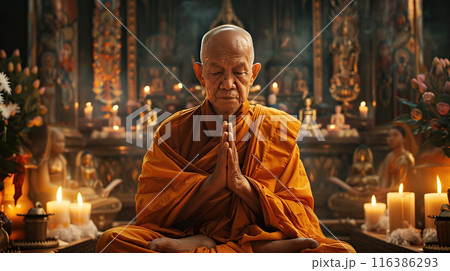 Buddhist Monk in deep meditation, surrounded by burning candles, in etting of a traditional Buddhist temple. Religion, traditional eastern meditation, prayer, spiritual practice Buddhist Monk in deep meditation, surrounded by burning candles, in etting of a traditional Buddhist temple. Religion, traditional eastern meditation, prayer, spiritual practice 116386293