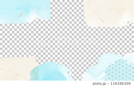 Blue and beige watercolor background with gold lines and hemp leaf pattern 116386309