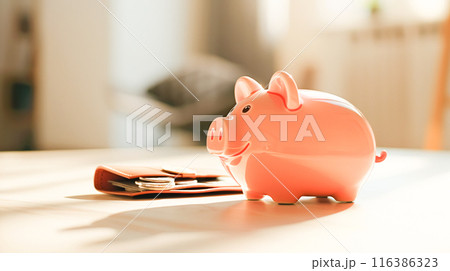 Minimalist personal finance image: empty leather wallet and ceramic piggy bank, light background, symbolizing a savings strategy 116386323