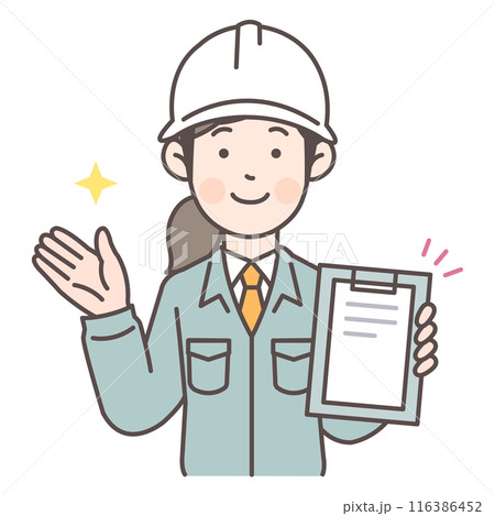 資料を見せながら案内する建設作業員の女性 116386452