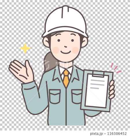 資料を見せながら案内する建設作業員の女性 116386452