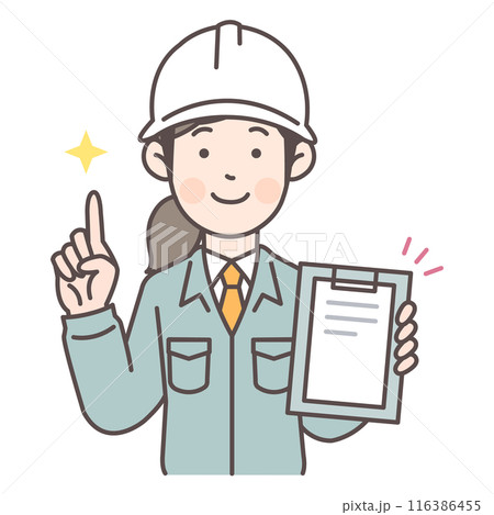 資料を見せながら解説する建設作業員の女性 116386455