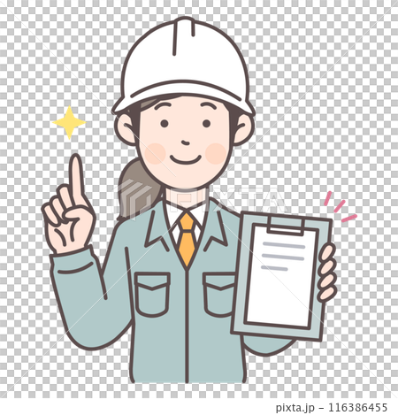 資料を見せながら解説する建設作業員の女性 116386455