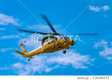 救助訓練を行う航空自衛隊の救難ヘリコプター UH-60J 救助訓練を行う航空自衛隊の救難ヘリコプター UH-60J 116386537