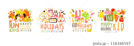 Happy Kids Party Logo Original Bright Design Vector Set 116386597