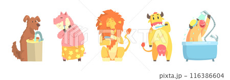 Funny Animal Bathing and Washing in Bathroom Vector Set 116386604