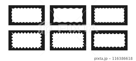 A collection of rectangular frames with wavy inner edges. Trendy zigzag curved geometric frames for decorative design, stamps, stickers, price tags. Vector illustration 116386618