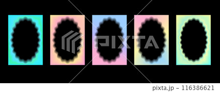Set of rectangular gradient frames with wavy oval inner borders with blur. Retro frames with zigzag edges. Decorative design elements, for cards, photos, invitations. Vector illustration on black 116386621