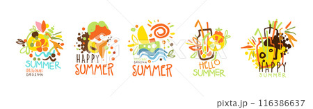 Happy Summer Label and Original Design Bright Logo Vector Set 116386637