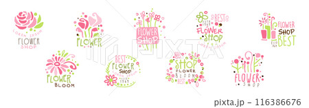 Flower Shop Logo and Label Bright Design Vector Set 116386676