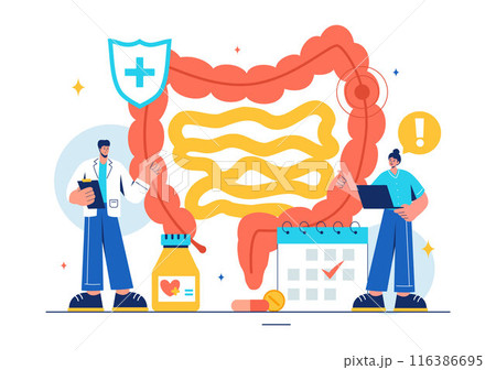Vector Illustration of a Proctologist or Colonoscopy with a Doctor Examining the Colon and Showing Harmful Bacteria in a Flat Style Cartoon Background 116386695