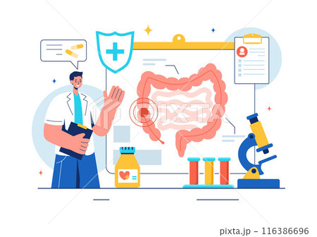 Vector Illustration of a Proctologist or Colonoscopy with a Doctor Examining the Colon and Showing Harmful Bacteria in a Flat Style Cartoon Background 116386696