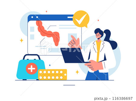 Vector Illustration of a Proctologist or Colonoscopy with a Doctor Examining the Colon and Showing Harmful Bacteria in a Flat Style Cartoon Background 116386697