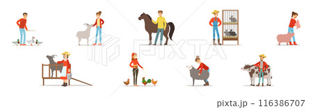 People Farmer Character Breeding Animal and Livestock Vector Set 116386707