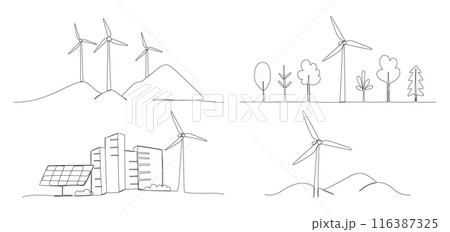 Wind generator in nature and city one line illustrations set, windmill single continuous line art drawing. Sustainable power sign Wind generator in nature and city one line illustrations set, windmill single continuous line art drawing. Sustainable power sign 116387325