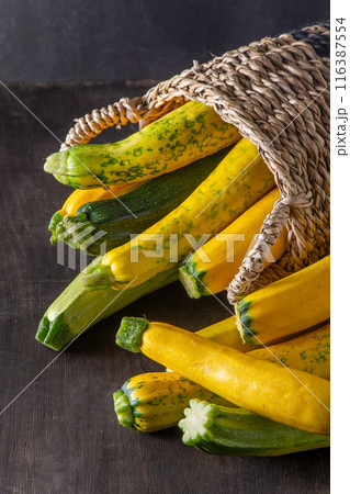 Yellow-green zucchini. Vegetables harvest. 116387554