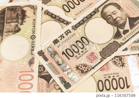 敷き詰められた新一万円札　新紙幣　日本円　YEN　JPY　イメージ　白背景 116387586