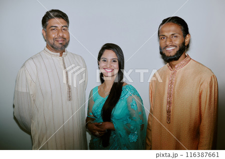 High angle shot of Indian successful business team looking directly at camera and smiling sincerely 116387661
