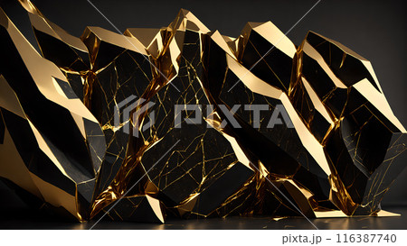 Cracks in black marble filled with gold. 3d background  116387740
