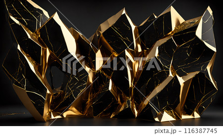 Cracks in black marble filled with gold. 3d background  116387745