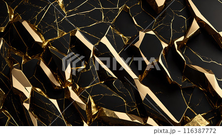 Cracks in black marble filled with gold. 3d background  116387772