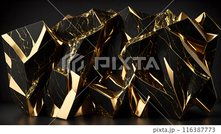 Cracks in black marble filled with gold. 3d background  116387773