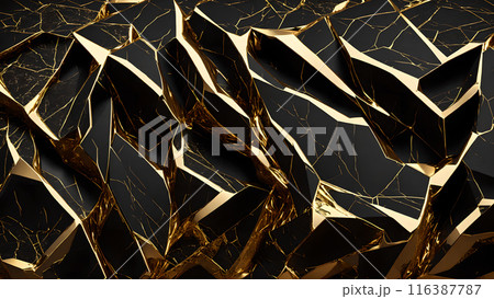 Cracks in black marble filled with gold. 3d background  116387787