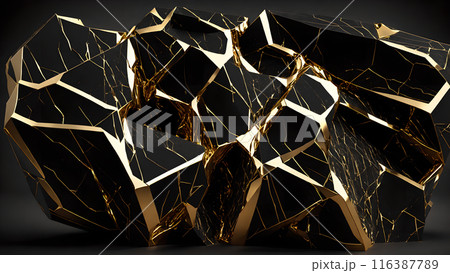Cracks in black marble filled with gold. 3d background  116387789