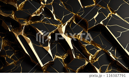 Cracks in black marble filled with gold. 3d background  116387791