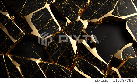 Cracks in black marble filled with gold. 3d background  116387793