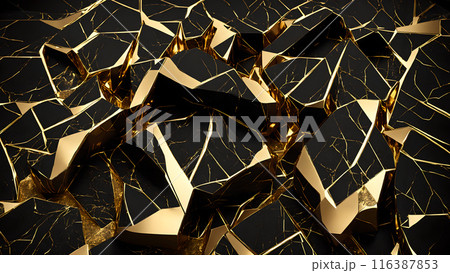 Cracks in black marble filled with gold. 3d background  116387853