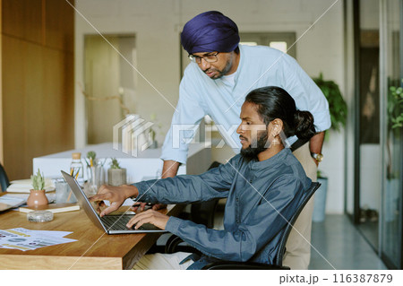 Young office working showing financial report detail on laptops screen while boss studying it very carefully Young office working showing financial report detail on laptops screen while boss studying it very carefully 116387879