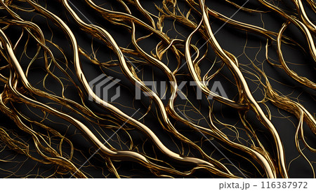 Black marble with intricate golden veins running through it. 3d background  116387972