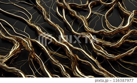 Black marble with intricate golden veins running through it. 3d background  116387977