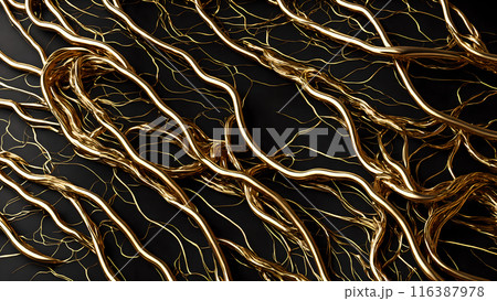 Black marble with intricate golden veins running through it. 3d background  116387978